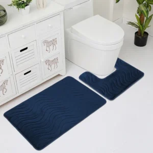 Luxury Ripple Wave 2-Piece Bath Mat & Contour Toilet Rug Set – Navy Blue