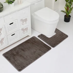 Bella True Classic Vertical Stripe 2-Piece Bath Mat & Contour Toilet Rug Set – Taupe Brown