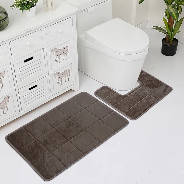 Modern Grid Block 2-Piece Bath Mat & Contour Toilet Rug Set – Coffee Brown - Image 2