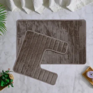 Modern Grid Block 2-Piece Bath Mat & Contour Toilet Rug Set – Coffee Brown