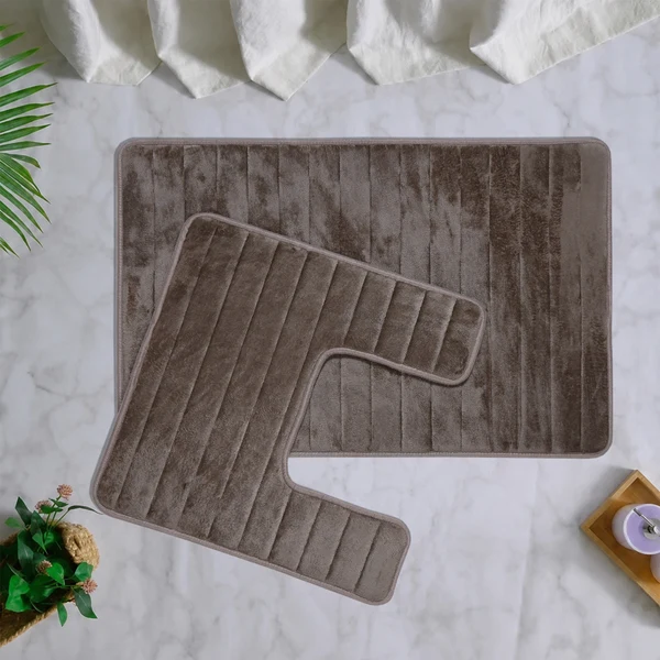Modern Grid Block 2-Piece Bath Mat & Contour Toilet Rug Set – Coffee Brown
